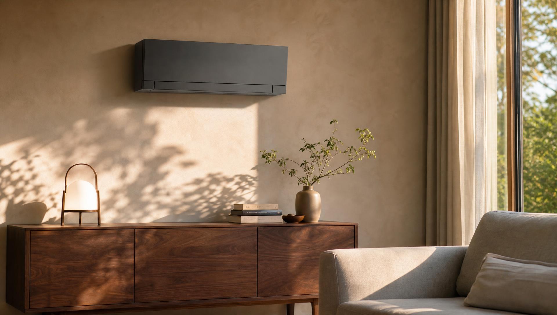 Wohnzimmer mit Walnuss-Sideboard und mattgrauer Klimaanlage an der Wand