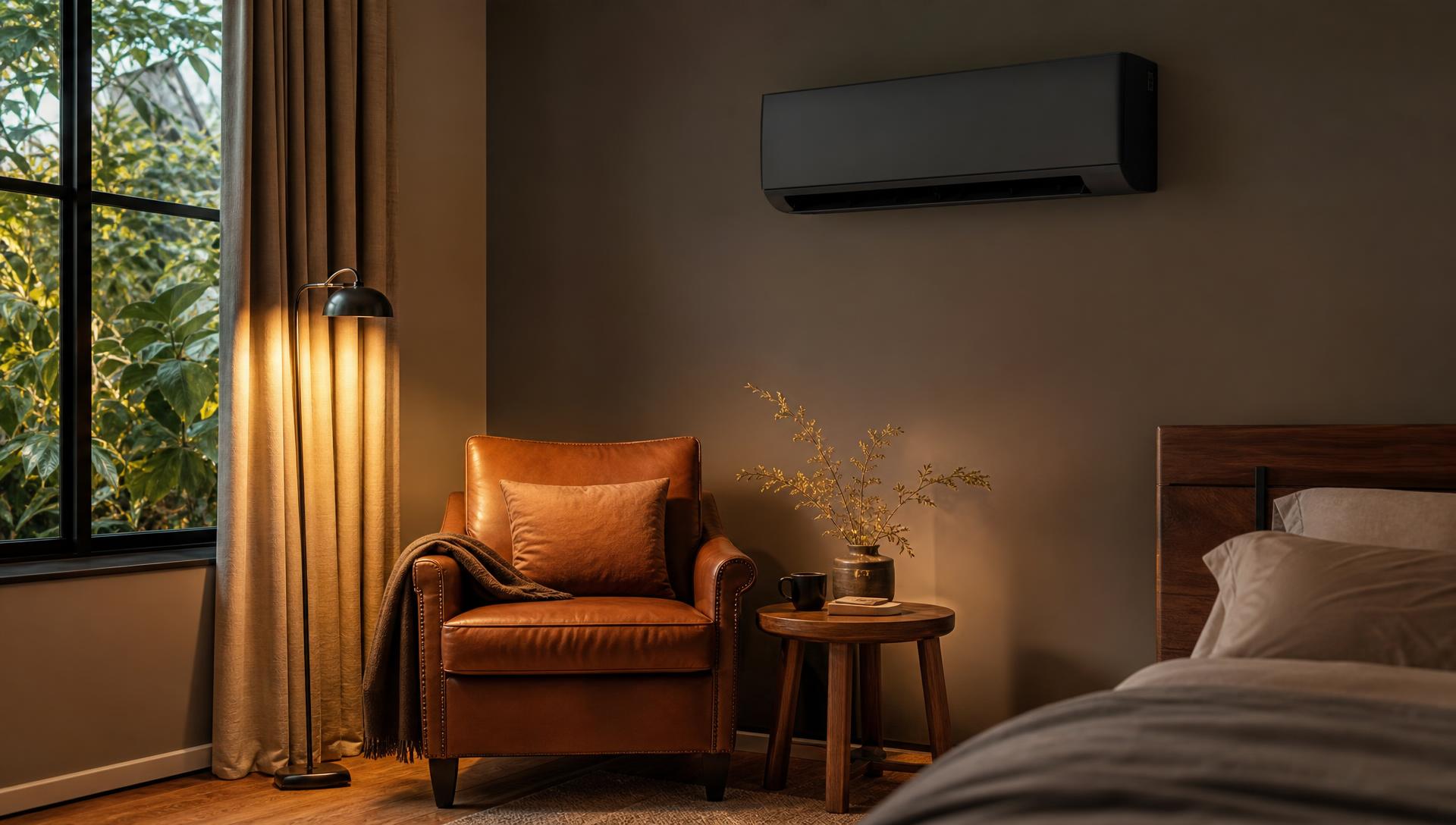 Gemütliche Leseecke mit Ledersessel und Klimaanlage an der Wand